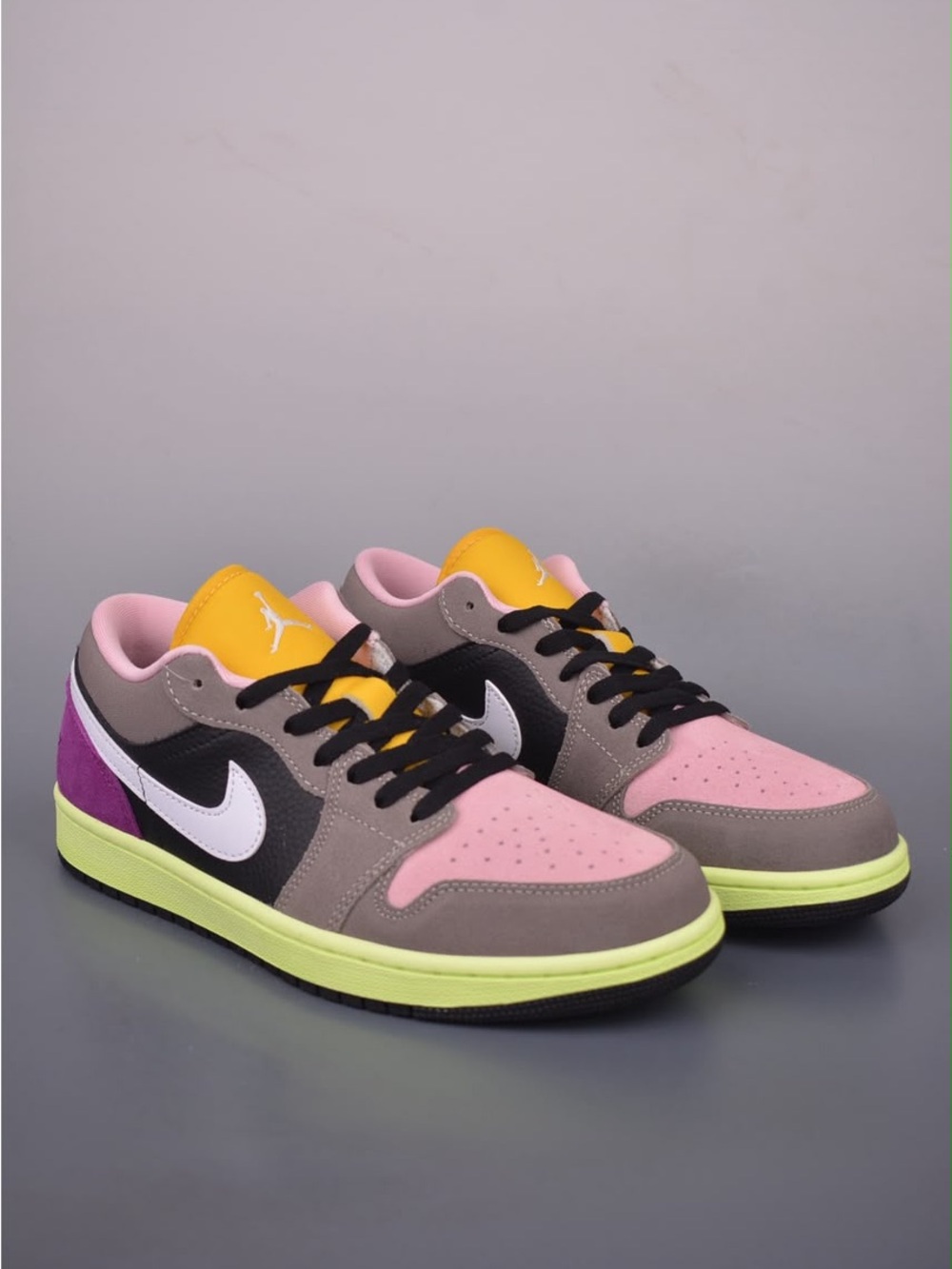 Jordan Low-Top Sneakers in Pink, Gray & Yellow with White Swoosh